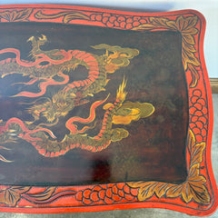 Vintage Japanese Carved Wood and Lacquer Finish Table or Desk, Hand Painted Dragon Motif, Meiji Period, Sku 033519
