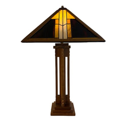 Mission Style Stained Glass Lamp Handmade Walnut Bases by Artist, John May, Sku: 033655
