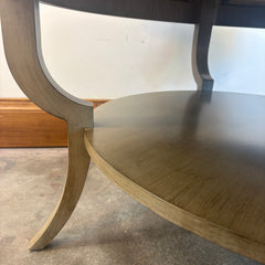 Sherrill Furniture Company, Round Cocktail Table, Lower Shelf and Saber Legs, Stone Colored Finish on Wood, Sku 033626