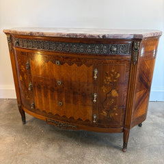 Antique Bowed Front Chest of Drawers w/ Marble Top & Intricate Marquetry Detail, Sku 034055