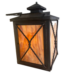 Custom Crafted Exterior Wall Sconce Lantern Style Steel and Mocha Swirl Stained Glass, Sku 034159