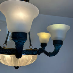 Corbett Chandelier, Six Arm, Bronze and Copper Frame, Frosted Glass Shades, Sku: 032980