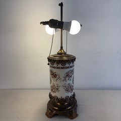 Antique Table Lamp Brown Transferware Porcelain with Elaborate Brass Filagree Detail Double Socket, Sku 034120