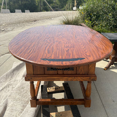 Oval Oak Dining Table, Black Iron Detail, 2 Drawers on Both Ends, SKU: 033095