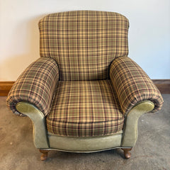 Great Western Brand Armchair Ottoman Set, Pale Green Leather, Plaid Upholstery, Sku: 033674
