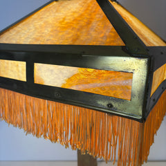 Art Deco Stained Glass and Brass Table Lamp, Square Shade, Gold Tassel Fringe, Sku 033456