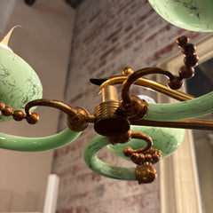 Vintage Chandelier, Italian Murano Glass and Vintage Brass Frame  Six Light, Green Glass, Sku 033039