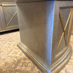 Double Pedestal Desk 3 Top Drawers with 2 Lower Cabinets Soft Silver Finish with Pale Gold Trim, Sku 033625