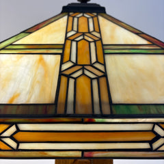 Square Mission Style Table Lamp Oak Base and Stained Glass Shade, Sku 033839