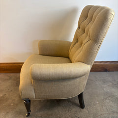 Parker Knoll Edward Armchair with Tufted back Rolled Arms and Casters on Front Legs, Tan Linen Upholstery, Sku 033673