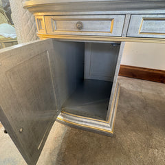 Double Pedestal Desk 3 Top Drawers with 2 Lower Cabinets Soft Silver Finish with Pale Gold Trim, Sku 033625