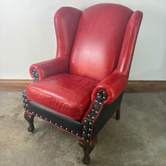 TLSC TEXAS Custom Upholstered Wing Chair and Ottoman Contrasting Red and Black Leather, Sku 033313
