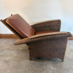 Restoration Hardware Deck Chair and Ottoman Dark Brown Wicker and Wood Arm Rests Cognac Leather Cushions Adjustable Pegs for Desired Reclining Position