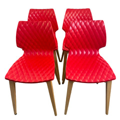 Set of 4 Metalmobil Dining Chairs Molded Red Shell, Diamond Pattern on Maple Leg Structure, Sku 033835