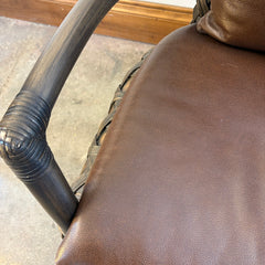 Palecek Arm Chairs Rattan and Woven Natural Material Loose Cushions in Supple Brown Leather, Sku 033804