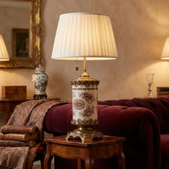 Antique Table Lamp Brown Transferware Porcelain with Elaborate Brass Filagree Detail Double Socket, Sku 034120