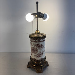 Antique Table Lamp Brown Transferware Porcelain with Elaborate Brass Filagree Detail Double Socket, Sku 034120