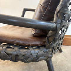 Palecek Arm Chairs Rattan and Woven Natural Material Loose Cushions in Supple Brown Leather, Sku 033804