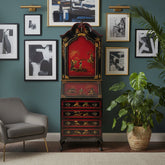 Vintage Black Lacquered Asian Chinoiserie Secretary, Four Drawers, Drop Down Desk Surface, Upper Cabinet, Hand Painted Scene, Sku: 033522
