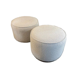 Pair of Four Hands Ivory Boucle Round Ottomans w/ Wood Base, Sku 033782