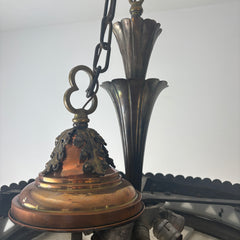 Art Deco Chandelier Antique Brass, Milk Glass with Cobalt and Emerald Enamel Triangles, Sku 033315