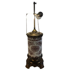 Antique Table Lamp Brown Transferware Porcelain with Elaborate Brass Filagree Detail Double Socket, Sku 034120