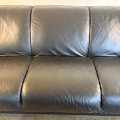 Ekornes Black Leather Sofa, Teak Wood Trim, Attached Seat Cushions, Sku 034106