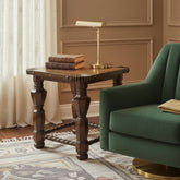 Side Table, Leather Top, Patina Nail Head Detail, Barley Twist Stretcher Base, Sku: 033432