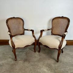 Pair of Carved Oval Cane Back Armchairs, Brown, Beige