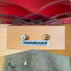 Set of 4 Metalmobil Dining Chairs Molded Red Shell, Diamond Pattern on Maple Leg Structure, Sku 033835