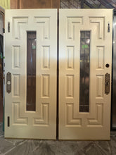 Set of Vintage Double Entry Doors with Leaded Glass & Brass Filagree Knob Plates, Sku 032990