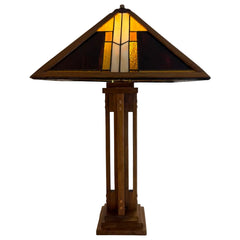 Mission Style Stained Glass Lamp Handmade Walnut Bases by Artist, John May, Sku: 033655