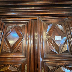 Extra Large Antique Wardrobe Cabinet, Wood Species is Unknown, Large Crown, Large Lower Drawer, 2 Doors Reveal Open Cavity, Carved Diamond Motif, Sku 033509