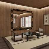 Chinoiserie Rectangular Mirror, Reverse Painted Glass Featuring Figures, Pagodas and Dragons in Gold and Black Color Scheme, Sku 033531