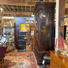 Extra Large Antique Wardrobe Cabinet, Wood Species is Unknown, Large Crown, Large Lower Drawer, 2 Doors Reveal Open Cavity, Carved Diamond Motif, Sku 033509