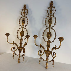 Pair of Italian Gilt Wood & Iron Twin Branch Wall Candle Sconces, Sku 033833
