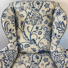 Custom Upholstered Wing Back Chair, Indigo & Cream Turkish Flower Pattern, Sku: 033545