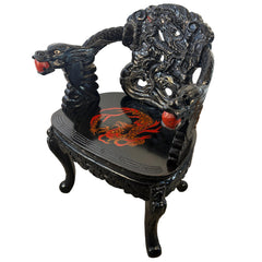 Vintage Japanese Carved Wood and Lacquer Finish Arm Chair, Handpainted Dragon Motif, Meiji Period, Sku 033517