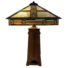 Square Mission Style Table Lamp Oak Base and Stained Glass Shade, Sku 033839