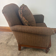 Thomasville Armchair, Nail Head Detail, Wood Accents Brown, Berry Tweed Upholstery, Sku: 033311