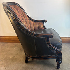 Pair of Vanguard Leather & Paisley Fabric Club Chairs w/ Nailhead Detail & Ebonized Finish, Sku 033715