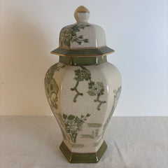 Japanese Kutani Ginger Jar Green and Cream Crackle Glaze with Hand Painted Peacock and Floral Motif, PLEASE NOTE CHIP AND INTERIOR REPAIR, Sku: 033917