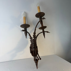 Pair of Three-Arm Wall Sconces Acanthus Leaf Detail, Rust Like Patina, Sku: 033332