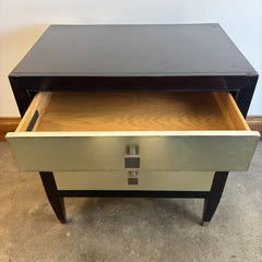 Bernhardt "Aurelia" 3 Drawer Nightstand w/ Champagne Silver Leaf Drawer Fronts & Ebonized Finish, Sku 033679