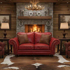 Wild Horse Saloon Red Leather Loveseat, Nail Head Detail, Rolled Arms, Sku: 033312