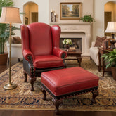 TLSC Texas Custom Upholstered Wing Chair & Ottoman Set, Red, Black Leather, Sku 033313