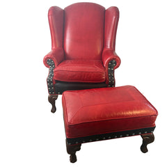 TLSC TEXAS Custom Upholstered Wing Chair and Ottoman Contrasting Red and Black Leather, Sku 033313