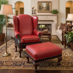 TLSC Texas Custom Upholstered Wing Chair & Ottoman Set, Red, Black Leather, Sku 033313