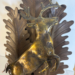 Pair Dana Creek Designs Double Arm Wall Sconce, Rusty Patina, Brass, Deer, Oak Leaf Motif, SKU: 033965