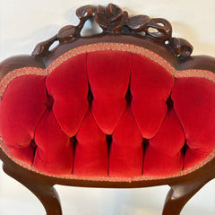 Victorian Wood and Tufted Red Velvet Parlor Chair with Carved Roses, Sku 033521